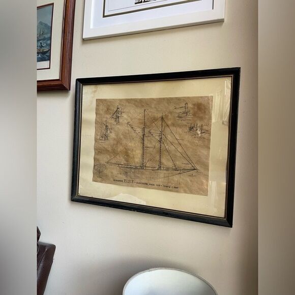 Vintage Antique Framed Blueprint Schooner Elsie Out of Gloucester, Mass. 1910 - Picture 2 of 16
